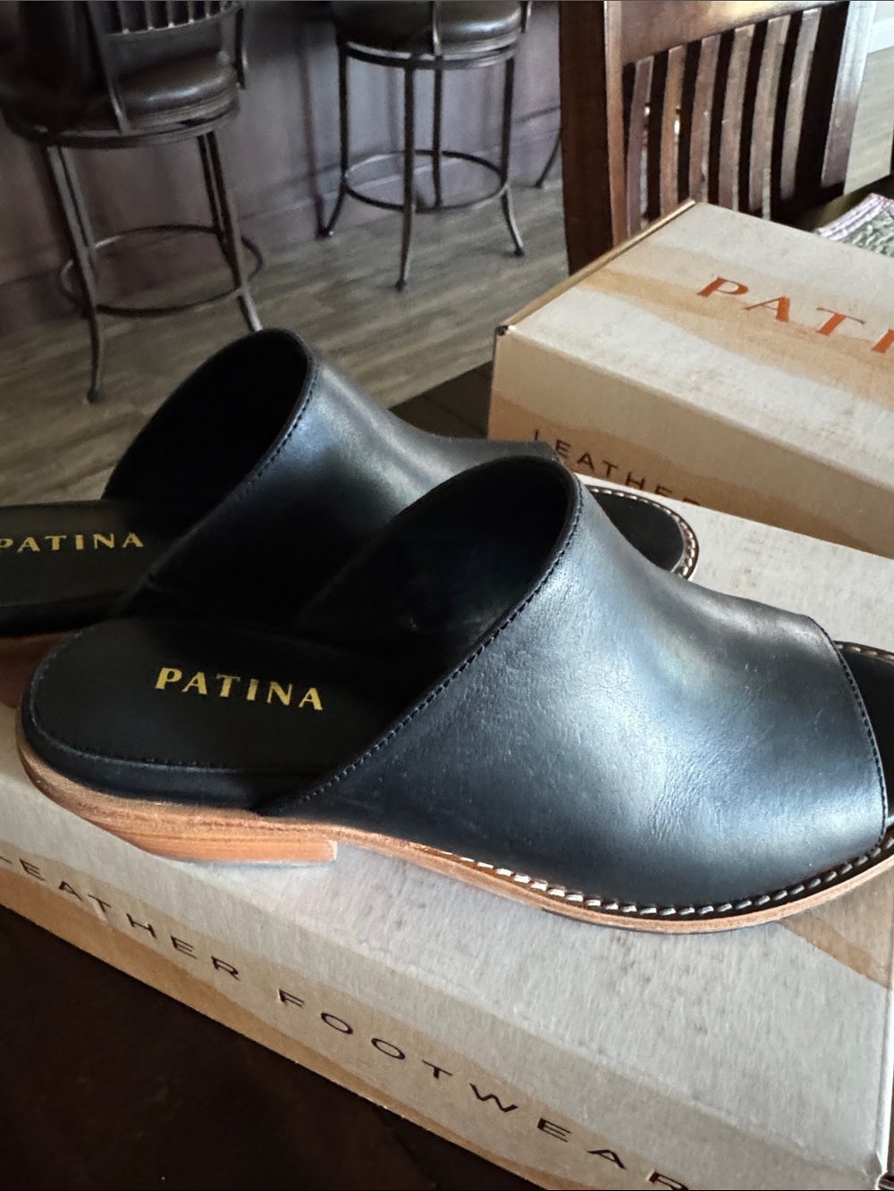 Portland Leather Black Slip-On Patina Mules